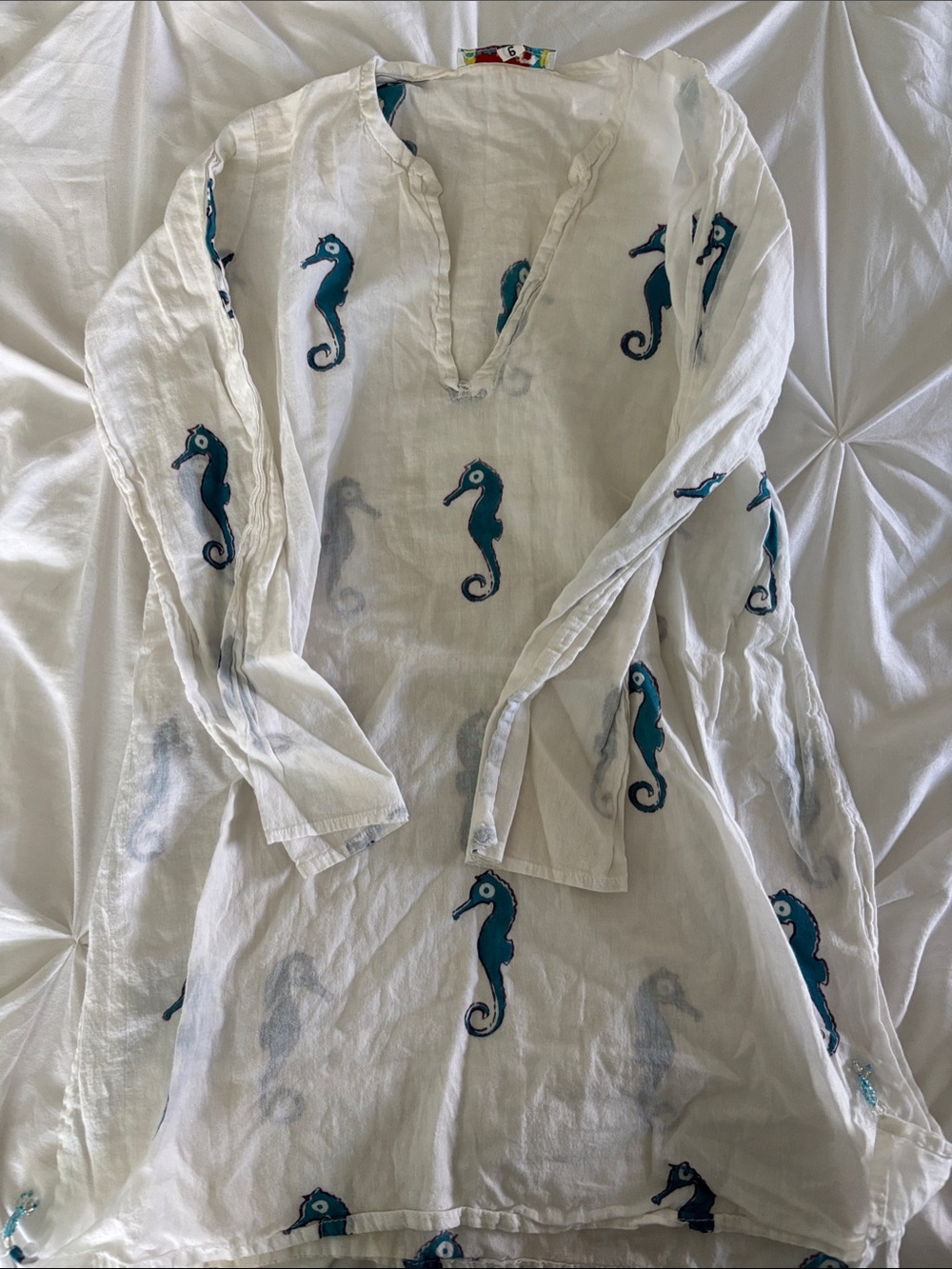 Roller Rabbit White Gauze Tunic with Teal Seahorse Accents